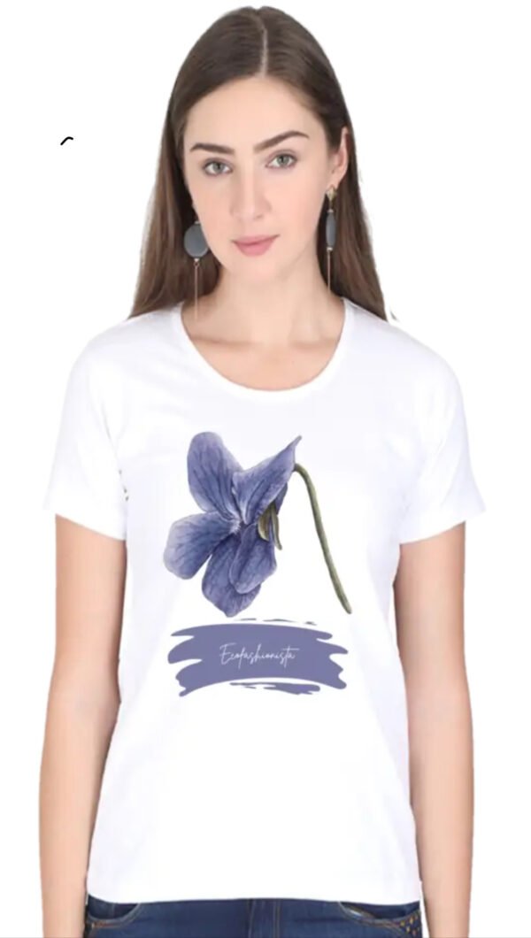 Ecofashionista Women Vintage Blue Flower on White Half Sleeve T-shirt - Image 3
